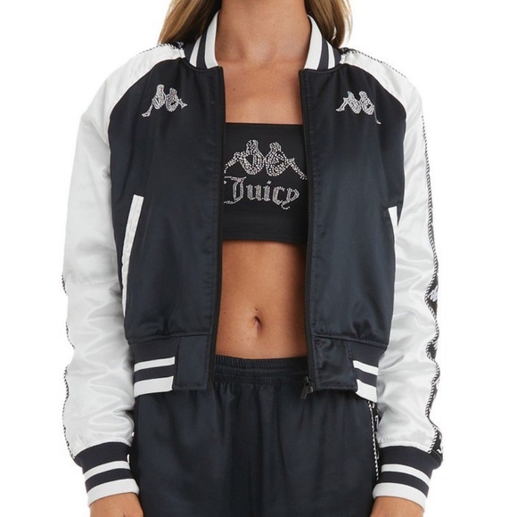 $312 Juicy Couture x Kappa Crystal Europa Satin Logo Bomber Jacket Rhinestones - Picture 2 of 4